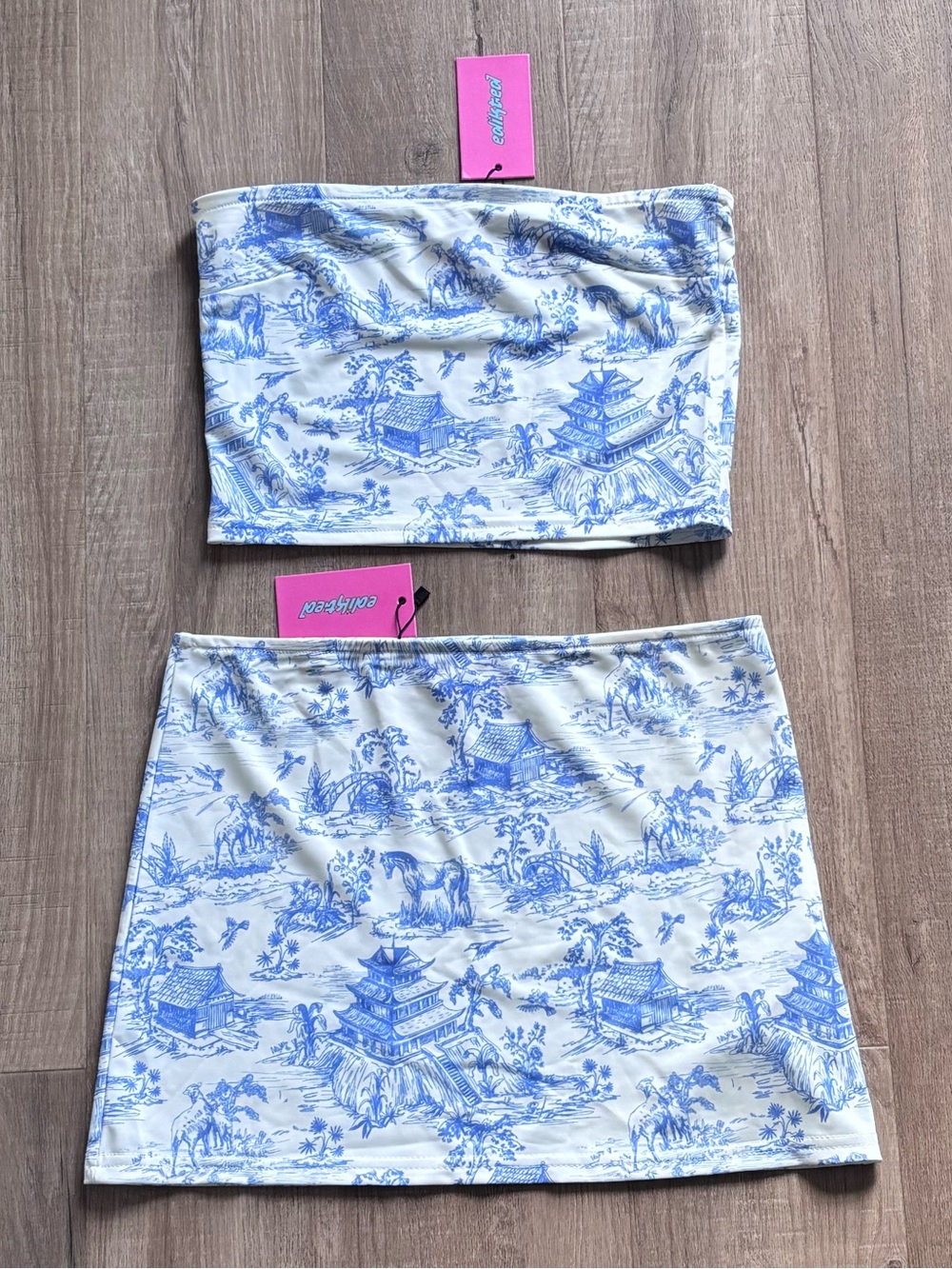 Edikted Delft Print Set - Crop Tube Top + Low Rise Mini Skirt